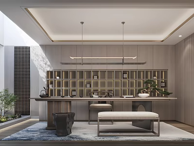Modern Tea Room Interior With Wooden Table Shelves Pendant Lights And Green Plants 3d model