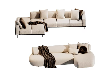 Beige Fabric Sectional Sofa with Plush Pillows and Dark Throw Blanket Modern Design 3d model