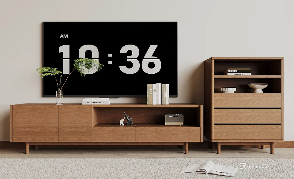 Wooden TV Stand With Potted Plant Books Small Decor And Matching Cabinet 3d model 