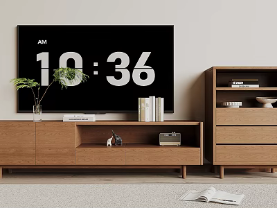Wooden TV Stand With Potted Plant Books Small Decor And Matching Cabinet 3d model