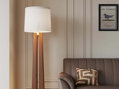 Cozy Living Room With Wooden Floor Lamp White Shade Brown Sofa And Geometric Pillow 3d model