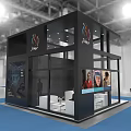 Black White Modern Exhibition Booth With Open Structure Ceiling Lights Display Images and Blue Carpet Area