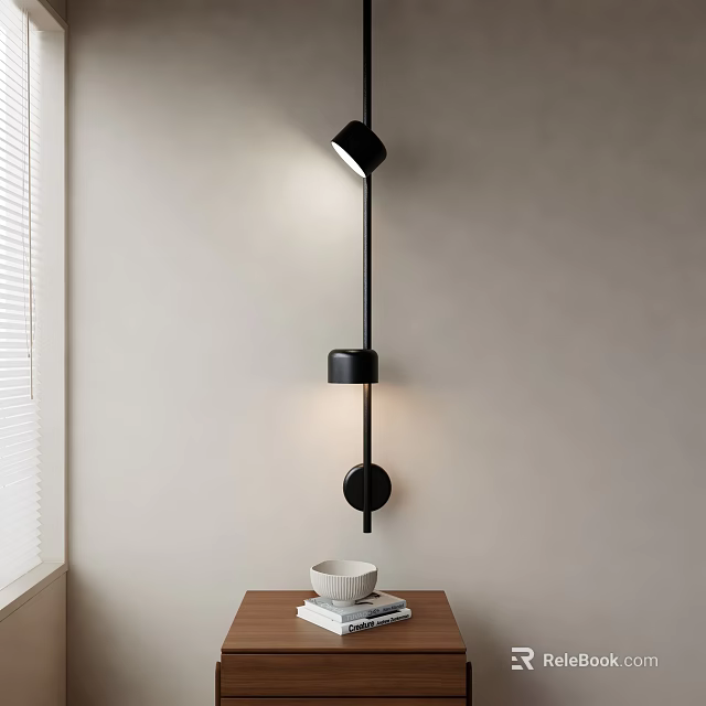 Black Modern Wall Lamp Mounted On Light Wall With Wooden Table White Cups Near Window 3d model 