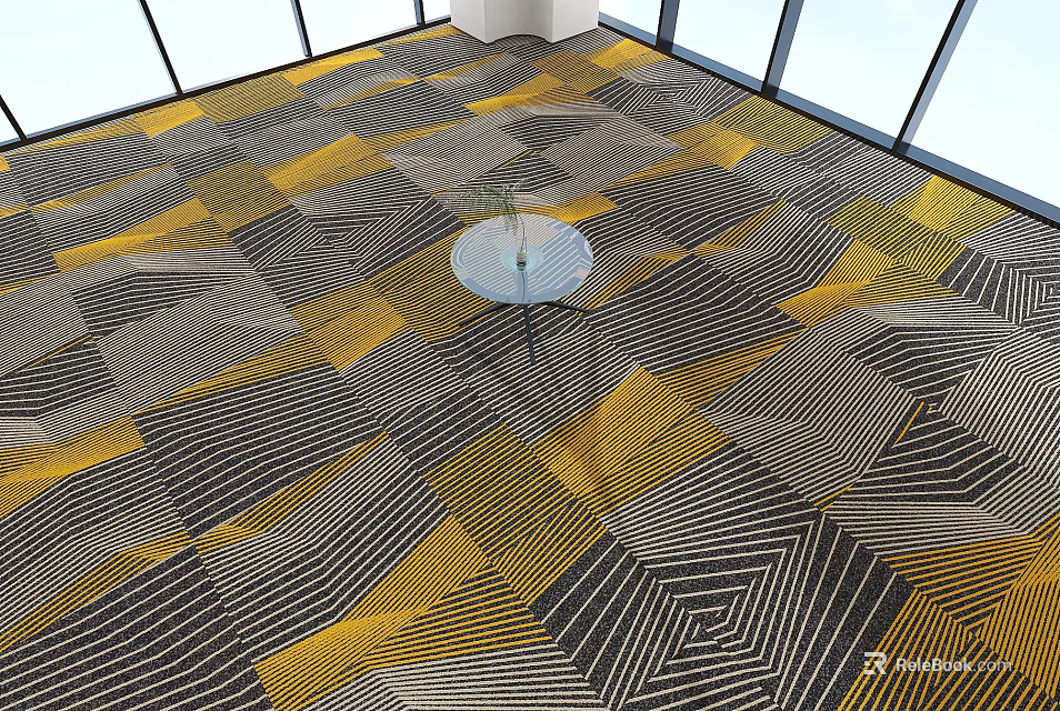 Modern Square Carpet With Gray Yellow Black Geometric Striped Pattern On Room Floor 3d model 
