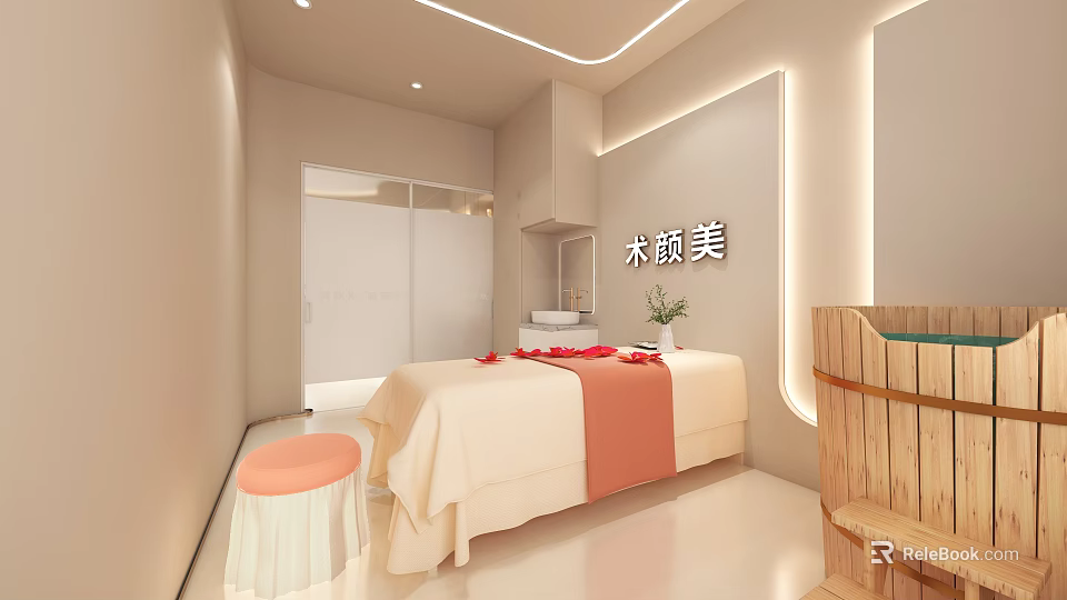 Beauty Salon Interior Design with Comfortable Beauty Bed Wooden Stool and Minimalist Decor 3d model 