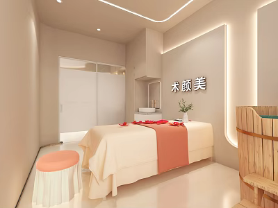 Beauty Salon Interior Design with Comfortable Beauty Bed Wooden Stool and Minimalist Decor 3d model