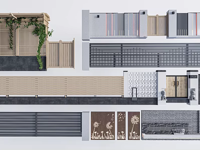 Modern Entrance Gate Design With Wooden Fence Metal Grille Plant Vines And Patterned Panels 3d model