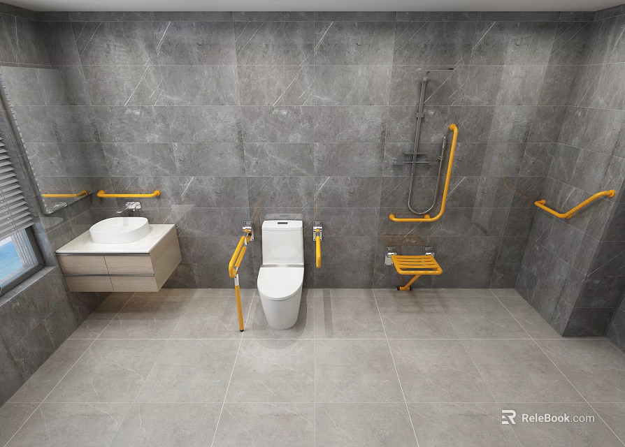 Modern Accessible Public Restroom With Gray Walls Yellow Grab Bars Toilet And Sink 3d model 