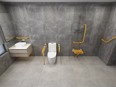 Modern Accessible Public Restroom With Gray Walls Yellow Grab Bars Toilet And Sink 3d model