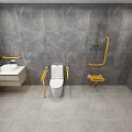 Modern Accessible Public Restroom With Gray Walls Yellow Grab Bars Toilet And Sink