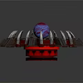 Futuristic Mechanical Building With Central Blue Red Sphere Metallic Spiked Structure And Illuminated Base