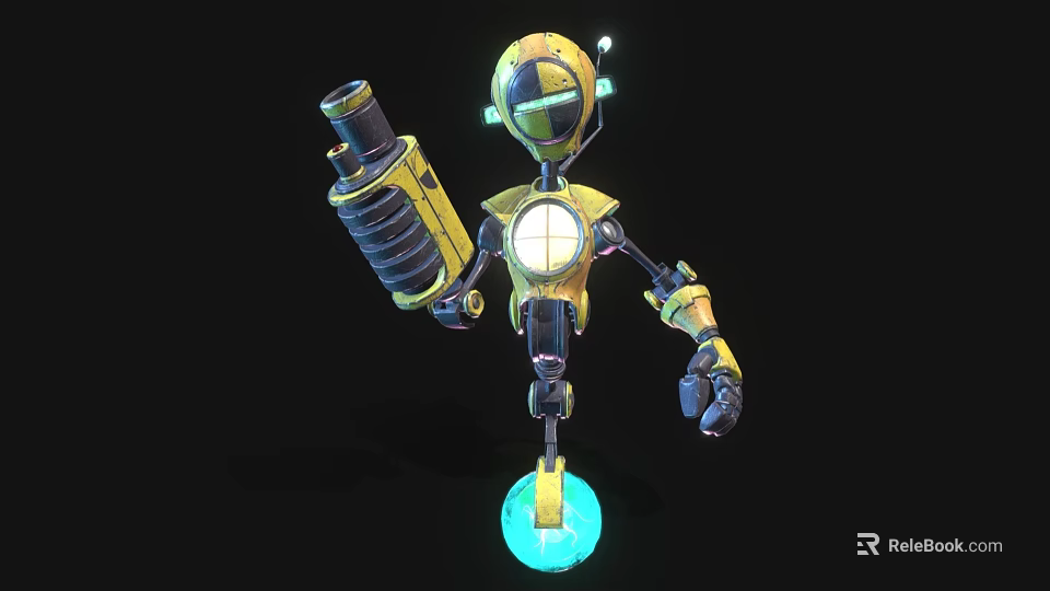 Yellow Black Robot Character With Mechanical Design Holding Large Weapon On Glowing Blue Sphere 3d model 