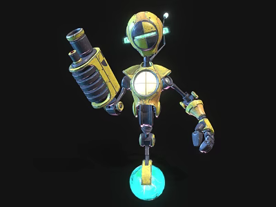 Yellow Black Robot Character With Mechanical Design Holding Large Weapon On Glowing Blue Sphere 3d model