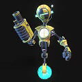 Yellow Black Robot Character With Mechanical Design Holding Large Weapon On Glowing Blue Sphere