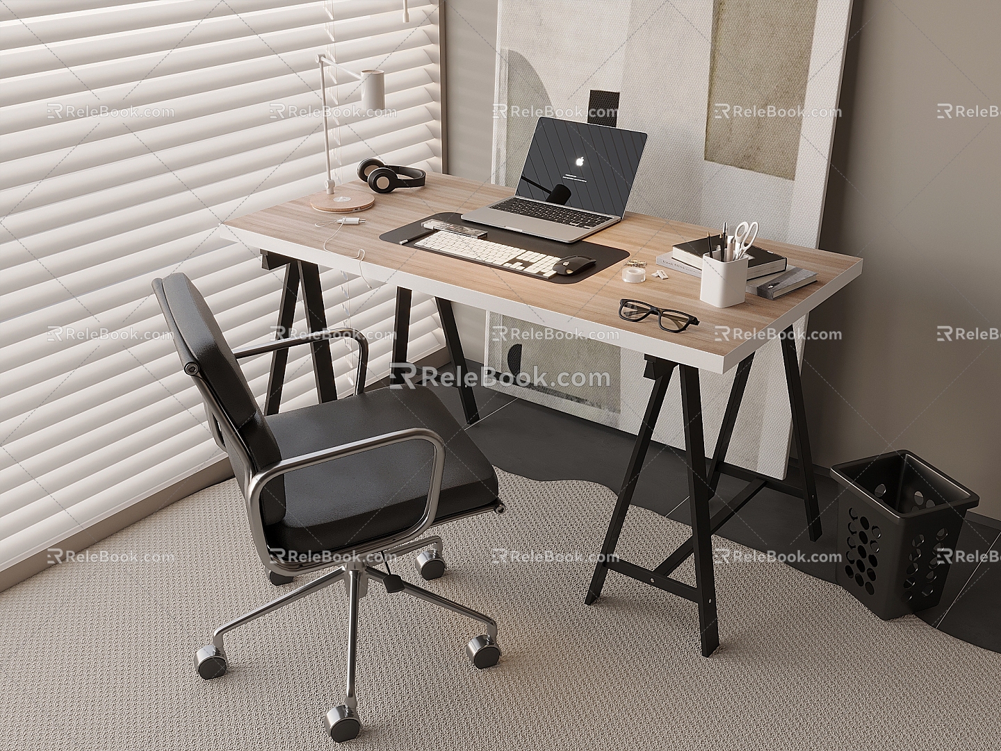 Modern Solid Wood Desk Chair Apple Laptop Reading Light Headset Keyboard Rotating Office Chair Venetian Blinds 3d model