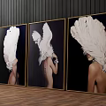 Modern Portrait Paintings With White Feathers Covering Head Black Background Golden Frames Three Panel Artwork