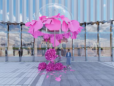 Giant Pink Flower Art Installation At Modern Building Photo Check In Spot With Transparent Dome 3d model