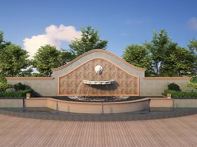 Garden Fountain Decorative Design With Arched Backdrop Wall Surrounding Green Trees And Paved Ground 3d model
