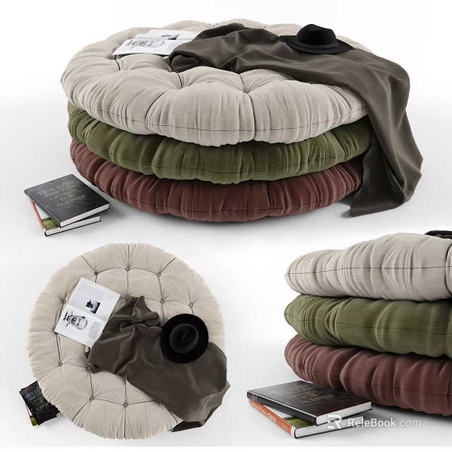 Stacked Poufs In Various Colors With Blanket Books And Hat Nearby 3d model 