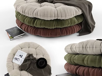 Stacked Poufs In Various Colors With Blanket Books And Hat Nearby 3d model