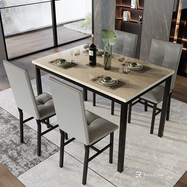 Modern Dining Room With Light Marble Table Grey Chairs And Green Plant Decor 3d model 