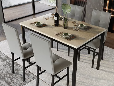 Modern Dining Room With Light Marble Table Grey Chairs And Green Plant Decor 3d model