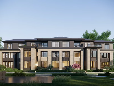 Modern Townhouse Exterior With Stone Facade Large Windows Landscaped Garden And Green Lawn 3d model