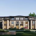 Modern Townhouse Exterior With Stone Facade Large Windows Landscaped Garden And Green Lawn