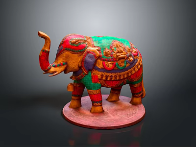 Colorful Decorative Elephant Statue With Red Green Ornate Patterns And Base 3d model