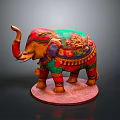 Colorful Decorative Elephant Statue With Red Green Ornate Patterns And Base 3d model