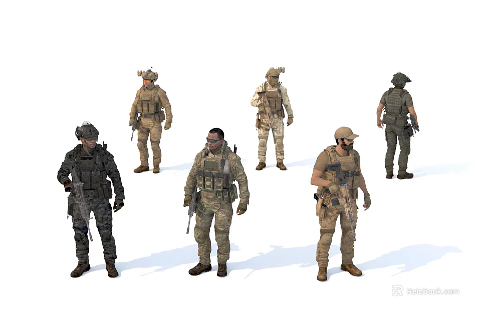 Men In Military Uniforms With Tactical Gear And Different Combat Poses 3d model 