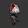 Chibi Character With White Hair Red Ears And Red Eyes In Gray And Red Outfit