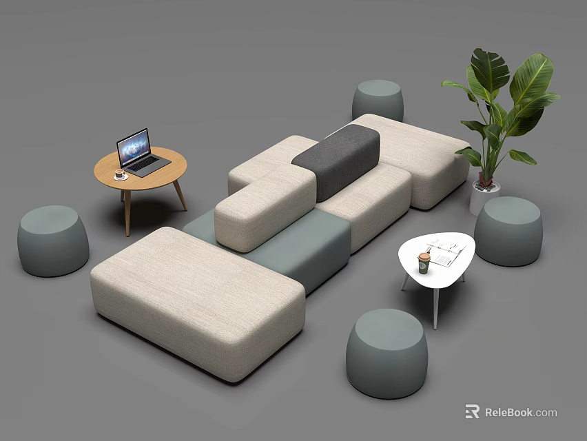 Modern Living Room With Modular Sofa Small Tables Laptop And Green Plant 3d model 