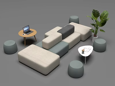 Modern Living Room With Modular Sofa Small Tables Laptop And Green Plant 3d model