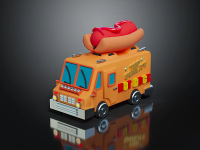 Orange Food Truck With Large Hot Dog on Top and Yellow Red Stripes 3d model