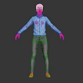 Man Dressed in Light Blue Plaid Shirt Gray Pants White Shoes Arms Outstretched on Gray Background