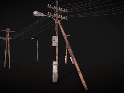 Old Wooden Utility Poles With Street Lamps And Power Lines In Dark Background 3d model