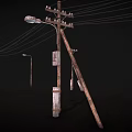 Old Wooden Utility Poles With Street Lamps And Power Lines In Dark Background