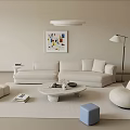 White Multi Person Sectional Sofa With Round Coffee Table Floor Lamp And Colorful Abstract Painting