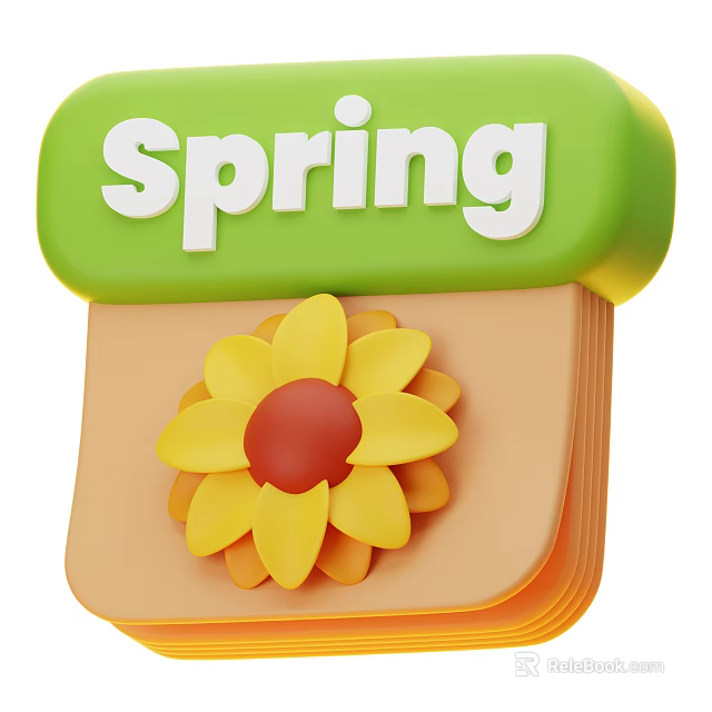 Decorative Ornament Set Spring Themed with Sunflower and Calendar Page Design Vibrant Green Yellow Accents 3d model 