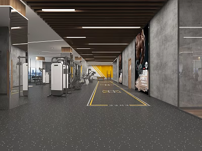 Modern Spacious Fitness Gym Interior With Workout Equipment Yellow Floor Lines Gray Walls And Mirrors 3d model