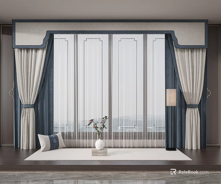Elegant Blue and White Curtains with Sheer Layers for Window in Modern Interior 3d model 
