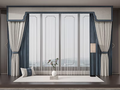 Elegant Blue and White Curtains with Sheer Layers for Window in Modern Interior 3d model