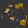 Game and Movie Characters Moving and Working in Office Setting with Yellow Cubicles and Tables