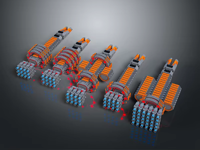 Colorful Building Block Rocket Models With Orange Gray And Blue Details On Dark Background 3d model