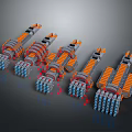 Colorful Building Block Rocket Models With Orange Gray And Blue Details On Dark Background