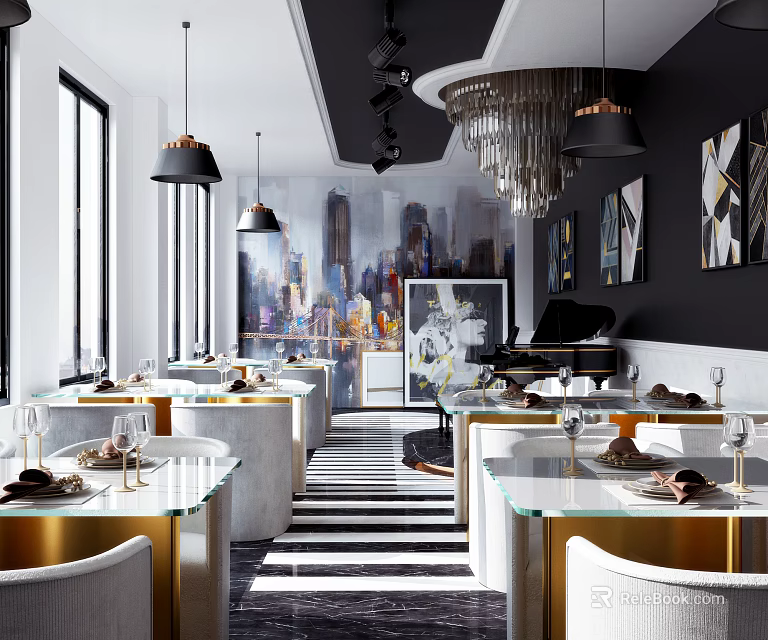 Elegant Restaurant Interior With Glass Top Dining Tables Gold Accent Chairs And Striped Flooring Artwork 3d model 