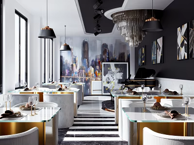 Elegant Restaurant Interior With Glass Top Dining Tables Gold Accent Chairs And Striped Flooring Artwork 3d model