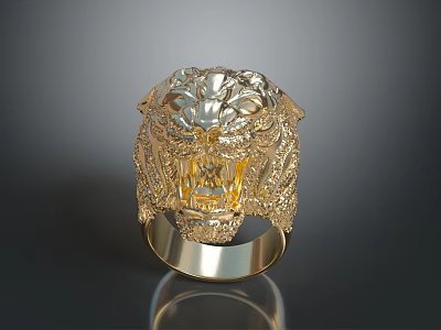 Golden Tiger Head Ring With Intricate Carved Design For Fashion Jewelry Accessory 3d model