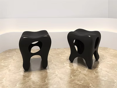 Unique Black Stools with Hollow Seat and Curved Legs on Marble Floor 3d model